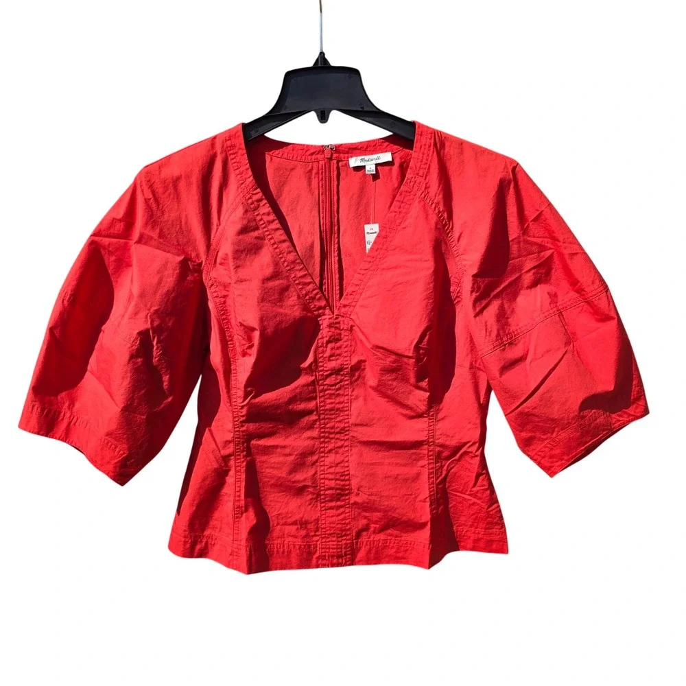Madewell NWT Women Red V-Neck Puff Sleeve Cotton Poplin Top NZ527 Size 8